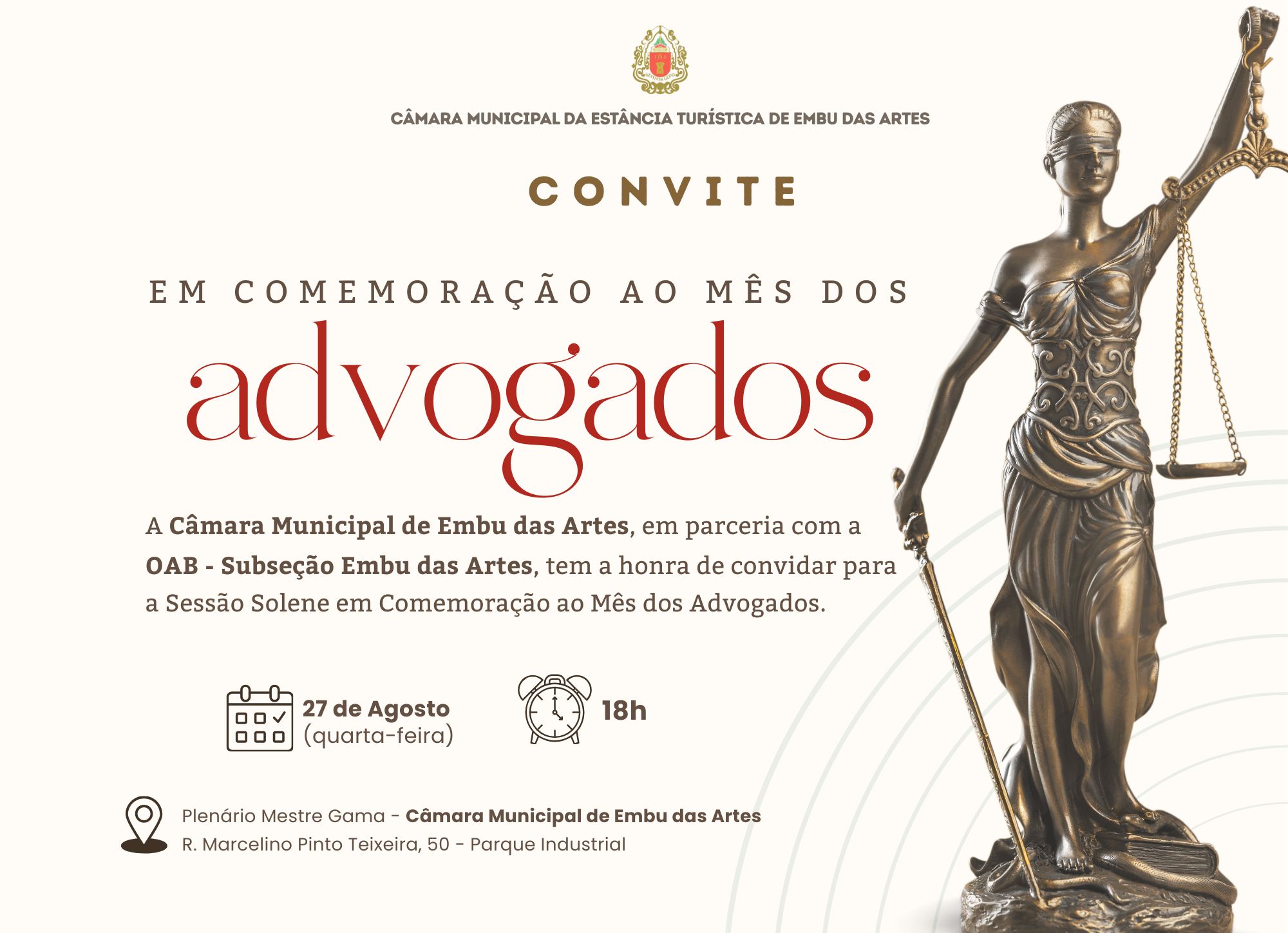 A Câmara Municipal convida para a Sessão Solene do Mês dos Advogados